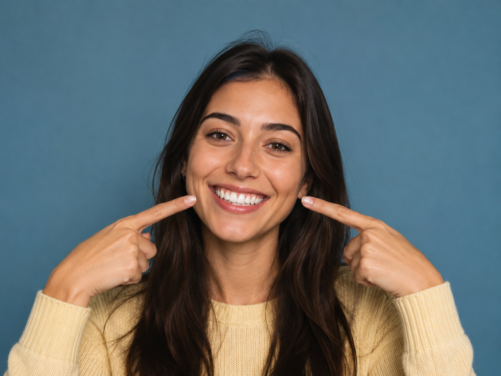 A young woman pointing to her teeth, smiling after a routine dental appointment at Serene Dental Spa.